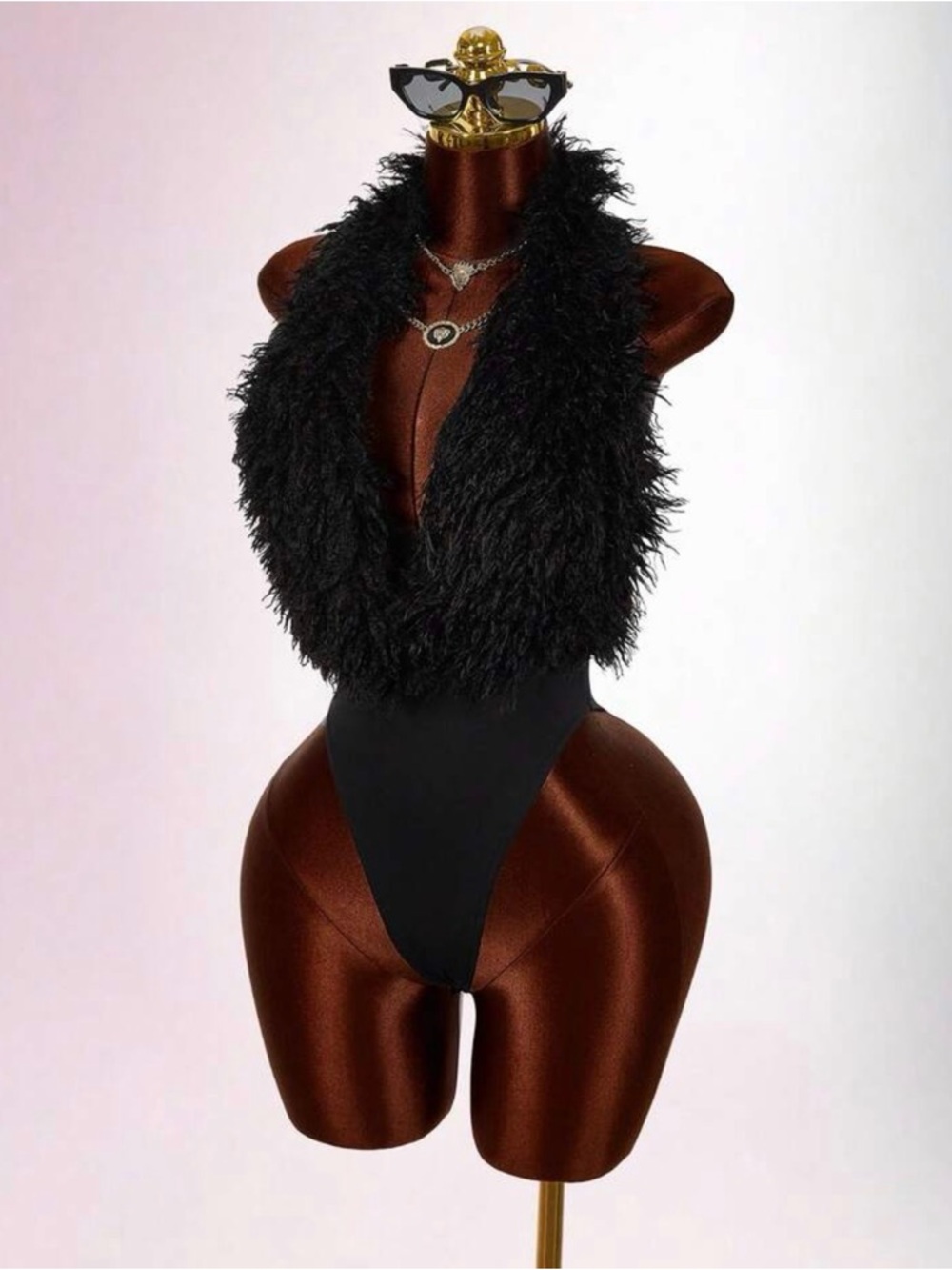 SHEIN Black Faux-Fur Halter Bodysuit Top - Women's